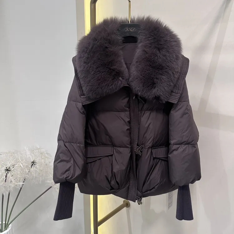 XXJ 大狐狸毛领厚款中长款百搭常规款长袖女装休闲大兜羽绒服1663
