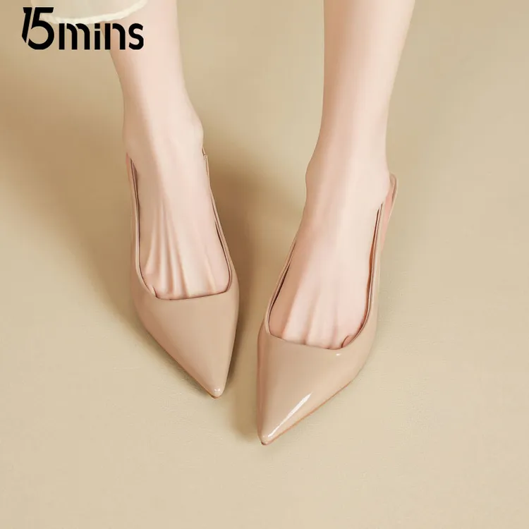 15MINS裸色尖头高跟鞋2025夏季新款轻奢气质单鞋包头细跟浅口女鞋