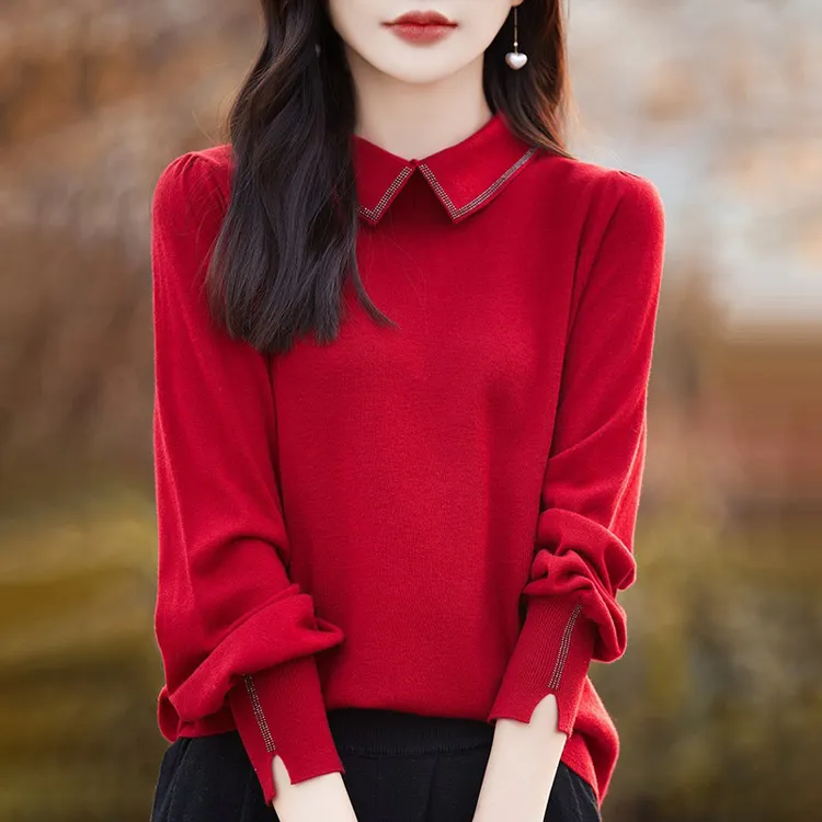 MZ.Polo领翻领精纺羊毛灯笼袖软糯亲肤针织衫毛衣内搭