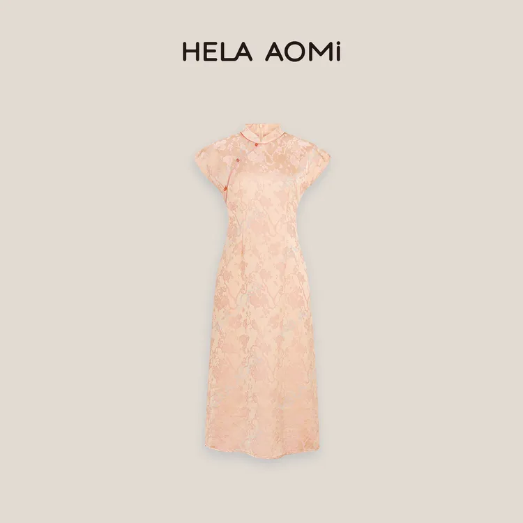 HELA AOMI“缠枝蔷薇”斜襟盘扣新中式小立领收腰连衣裙CY5BC72469