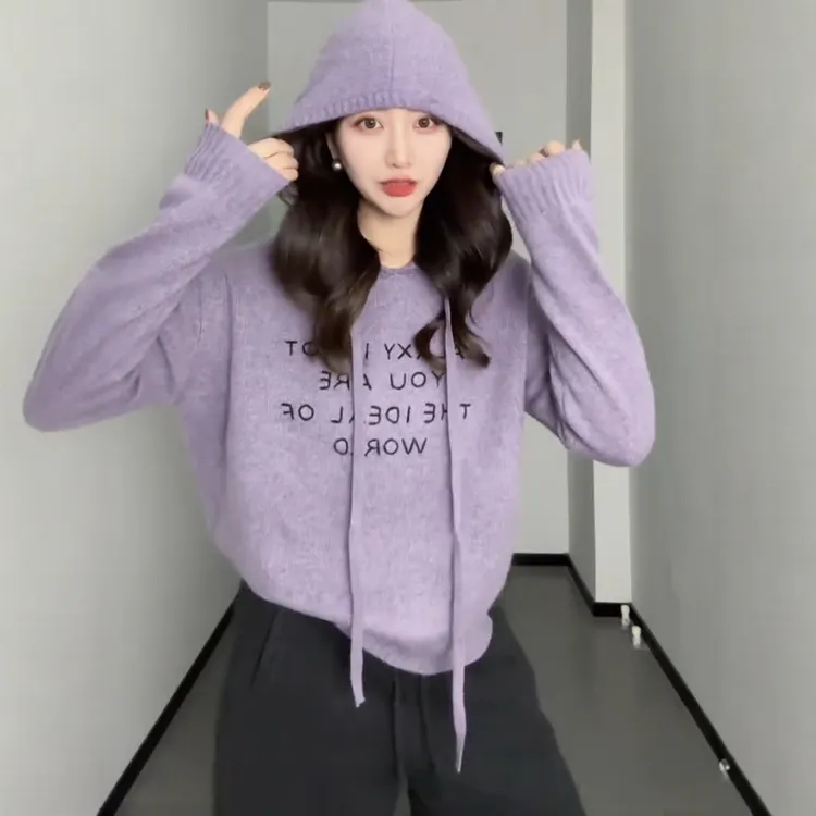 大码时尚减龄紫色连帽毛衣针织衫女2025秋季胖mm显瘦内搭打底上衣