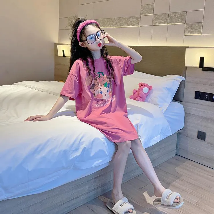 范哲萨女童睡裙夏纯棉2025新款初中生女孩薄款短袖睡衣儿童家居服