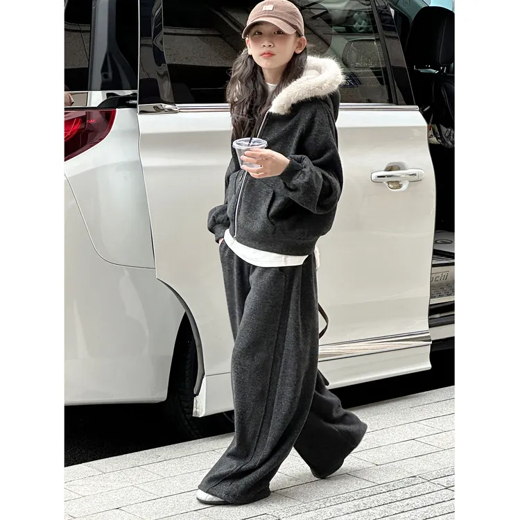 K30453毛领女童加绒卫衣套装秋冬装2025新款儿童加厚运动两件套潮