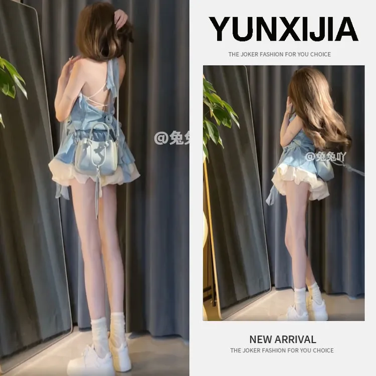2025新款韩系甜美减龄套装女花朵飘带无袖吊带背心蓬蓬短裙两件套