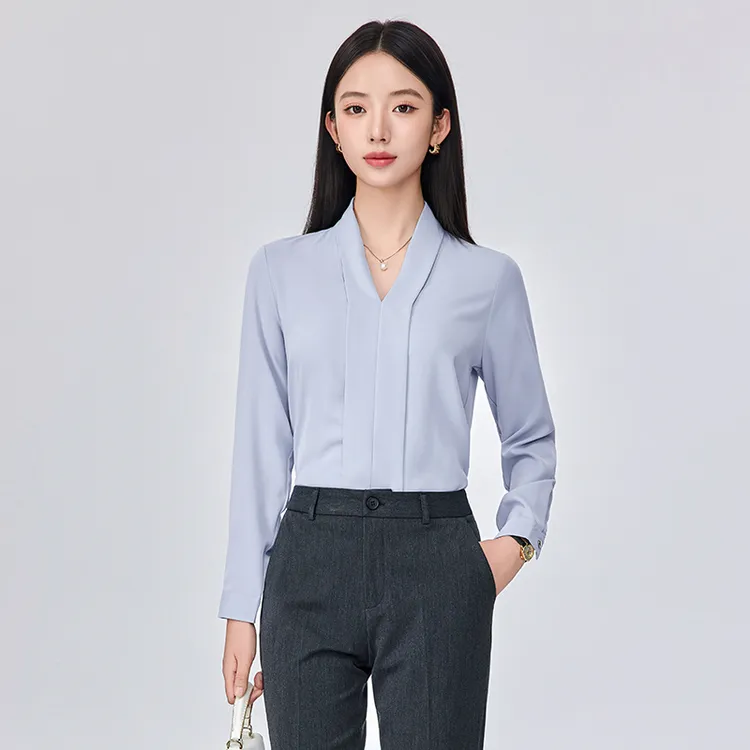 蓝色职业V领衬衫女春秋大学生教资面试套装长袖衬衣正装通勤上衣