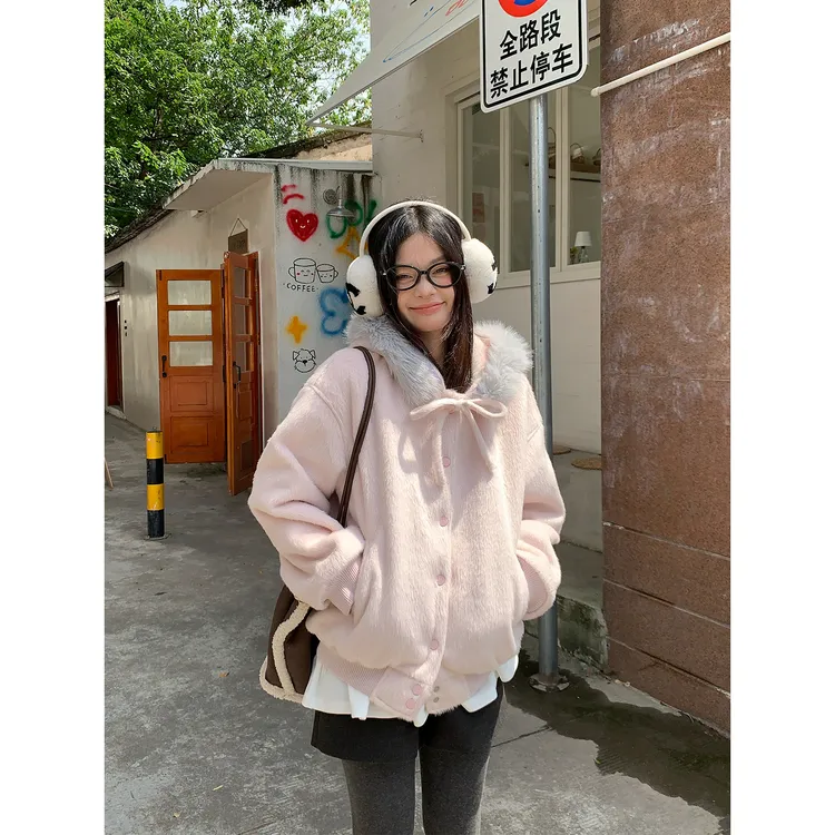 宋正恩10/20上新粉色蝴蝶结绑带可拆卸毛呢毛领外套AAW007