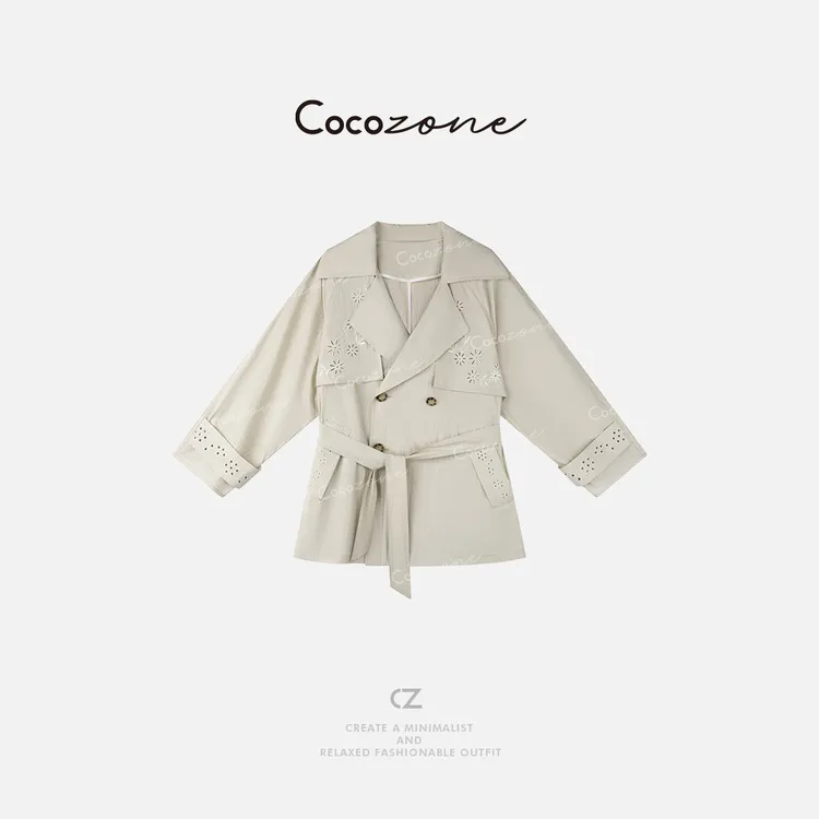 COCO ZONE 刘一一 复古通勤翻领镂空刺绣双排扣女外套CD2A0870