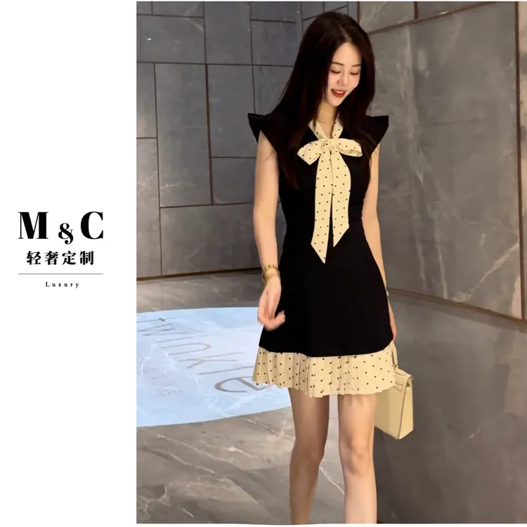 【梦成专属】2025夏季新款法式复古拼接撞色蝴蝶结波点系带百褶裙
