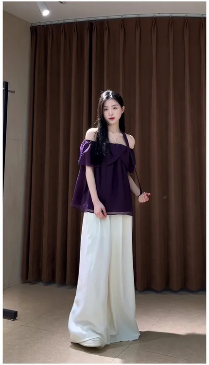 女士法式复古一字领荷叶边露肩宽松显瘦娃娃领气质修身衬衫女夏季