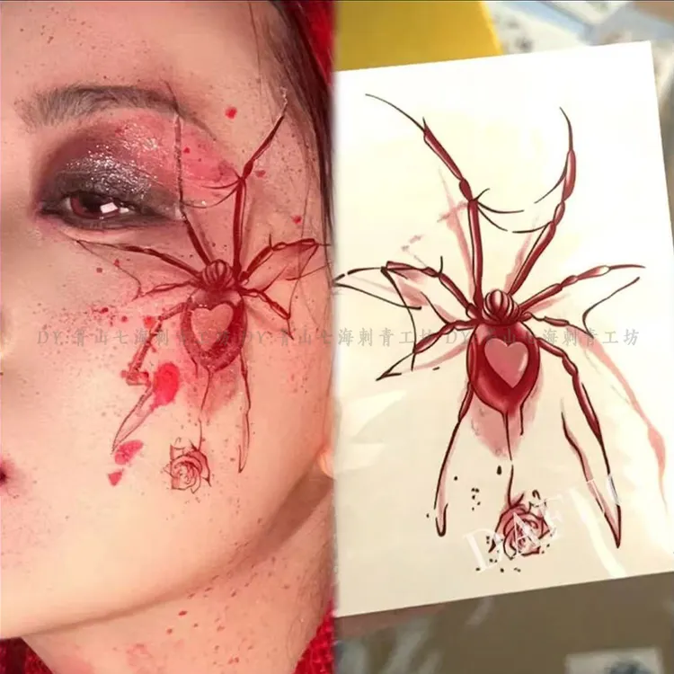 可水洗高颜值玫瑰蜘蛛妆容贴纸万圣节纹身贴防水个性持久拍照专用