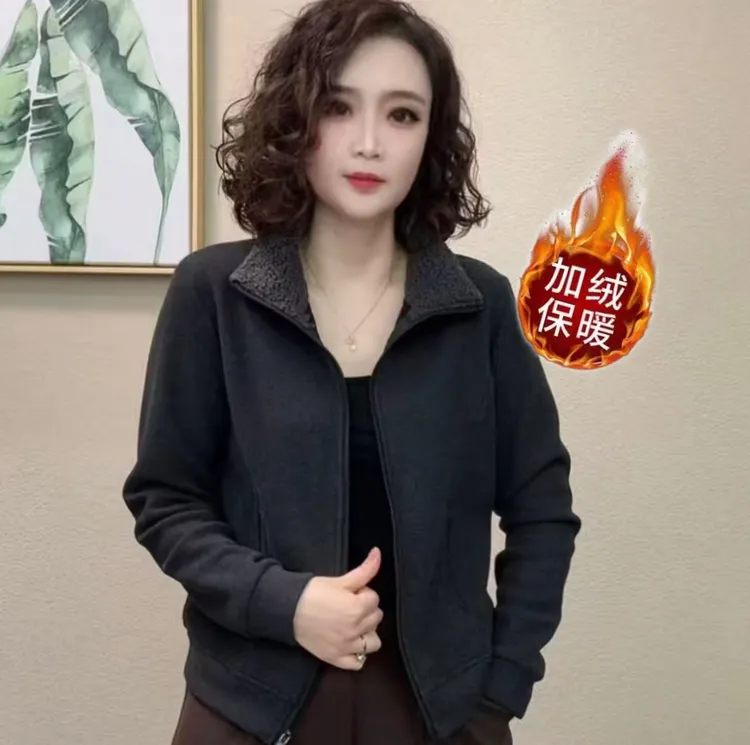 2025冬季新品保暖加绒加厚立领双拉链开衫外套长袖百搭绒衫女5615