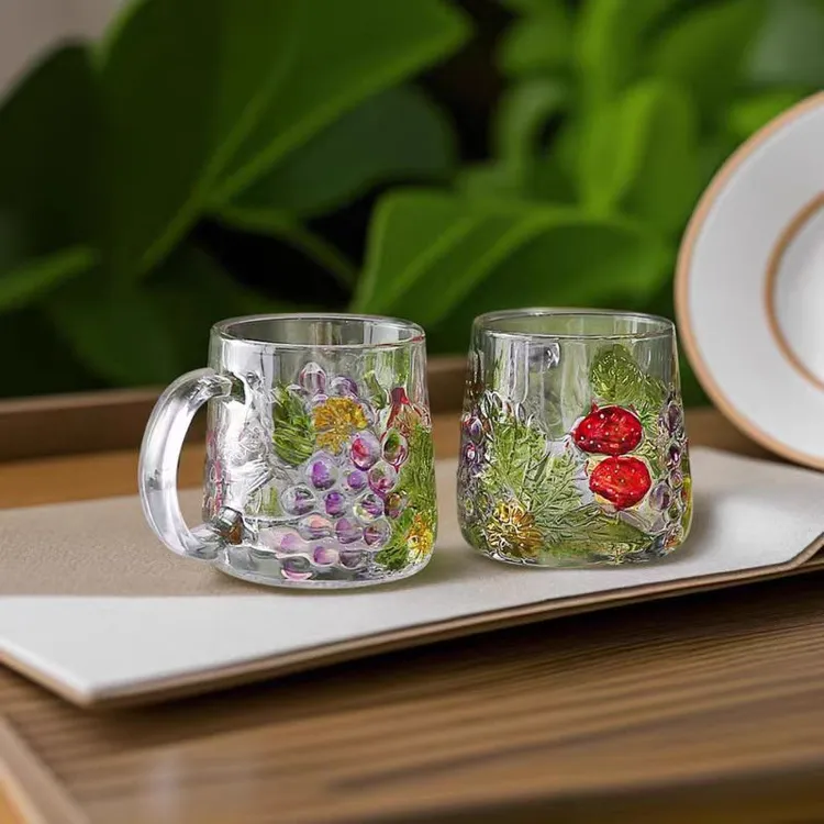 【盛瑞堂】2只装水晶葡萄手绘把手杯大容量彩色玻璃早餐杯牛奶杯