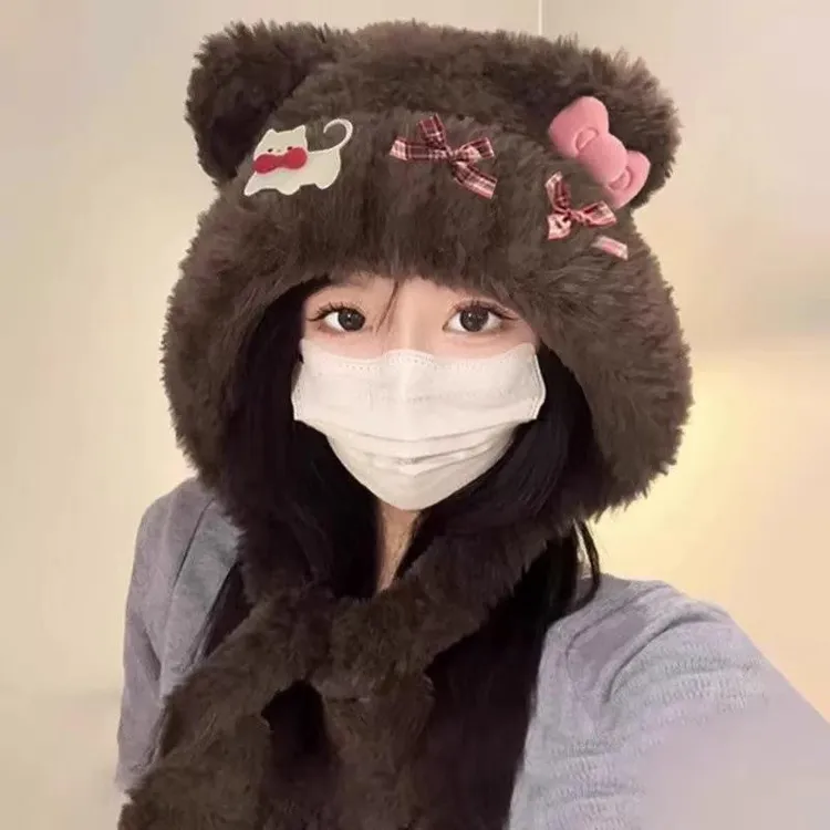 可爱小熊耳朵猫咪蝴蝶结毛绒帽女秋冬季保暖护耳雷锋帽显脸小帽子