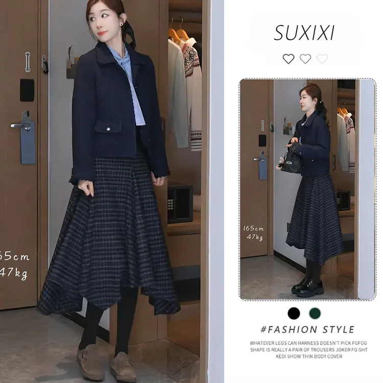 超火早秋穿搭新款套装女2025设计感假两件上外套不规则裙子三件套