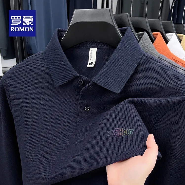 罗蒙男士春秋季2025新款长袖翻领POLO衫中年爸爸装纯棉上衣服T恤