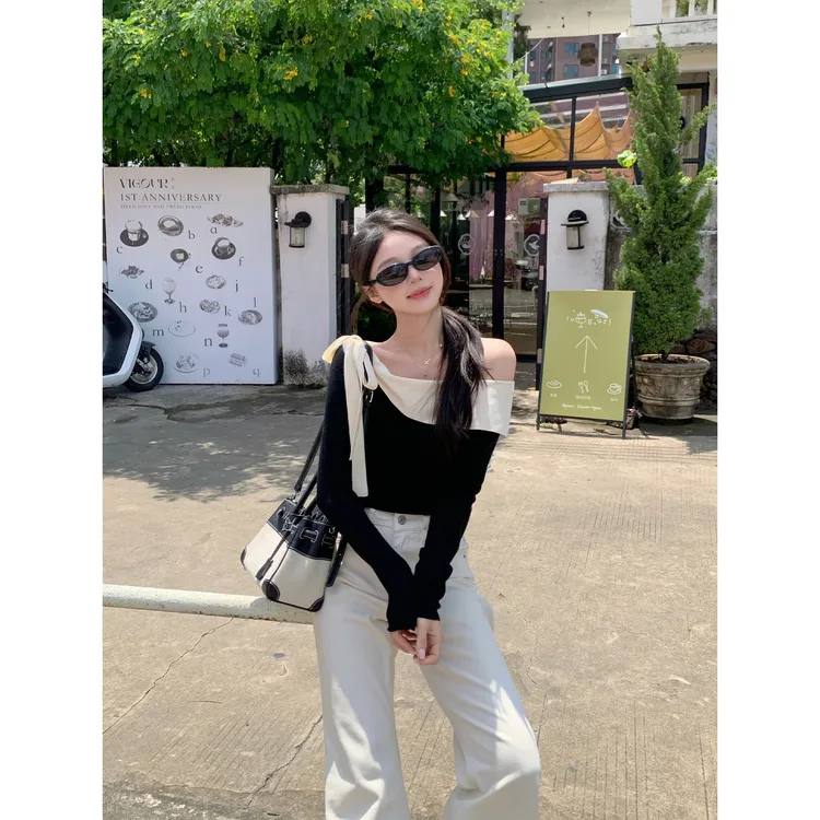 切糕自制【氛围感标签】小个子秋女流光风纯欲慵懒感斜肩显瘦针织衫