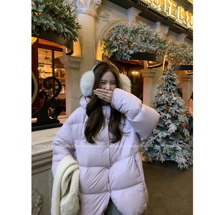 【花花】草莓大福~零压感泡芙中长款加厚宽松羽绒服连帽轻盈外套