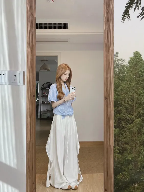 2025夏季新款超仙气质感时尚穿搭印花条纹短袖衬衫高腰阔腿裤套装