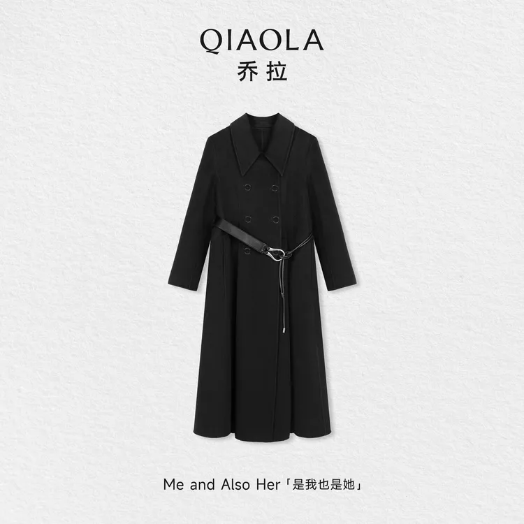 QIAOLA/乔拉【霜华长裳】秋冬绵羊毛双面呢时尚简约双排扣大衣外套
