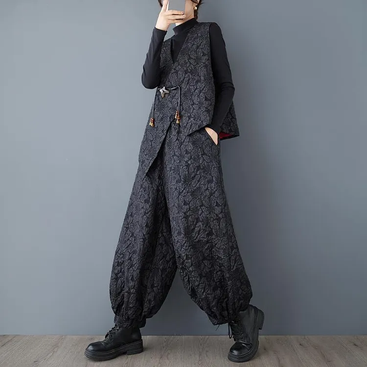 2025春秋文艺复古提花不规则宽松休闲马甲高腰束脚裤两件套套装女