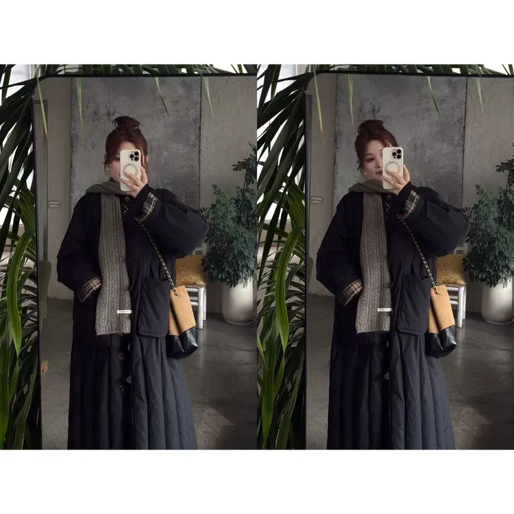 晶咕佳佳【格纹雨巷】内里拼格纹长款宽松羽绒服时尚百搭保暖加厚