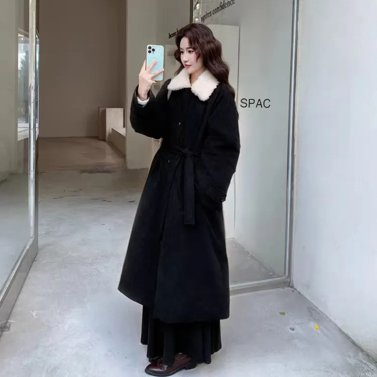 【90白鸭绒】2025新款复古羊羔毛领长款羽绒服女秋冬收腰气质风衣