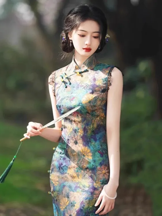 C9176年轻款民国风花锣旗袍女夏季日常可穿新中式连衣裙子