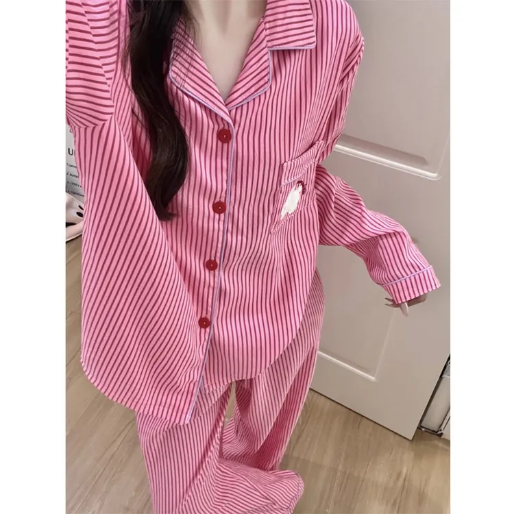 韩系可爱卡通条纹睡衣女春秋季新款宽松云朵棉长袖开衫家居服套装