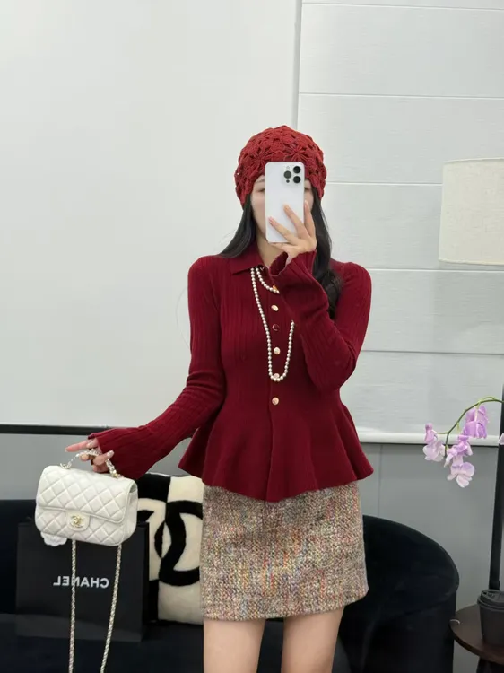 兰嫣｛荷叶边开衫｝小香秋冬设计感荷叶边气质时尚显瘦针织收腰开衫