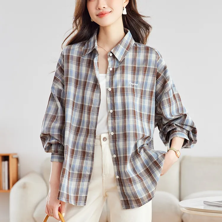 纯棉格子衬衫女2025新款秋装上衣宽松大码显瘦洋气百搭衬衣中长款