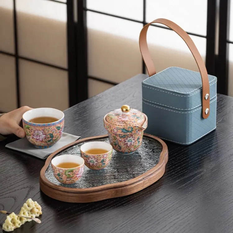 E675珐琅彩便携式旅行茶具户外露营旅游快客杯泡茶壶茶杯