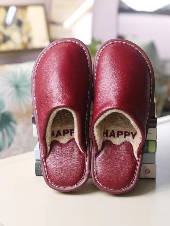 【头层牛皮】Happy秋冬真皮男女拖鞋加厚保暖休闲居家防滑耐磨拖鞋