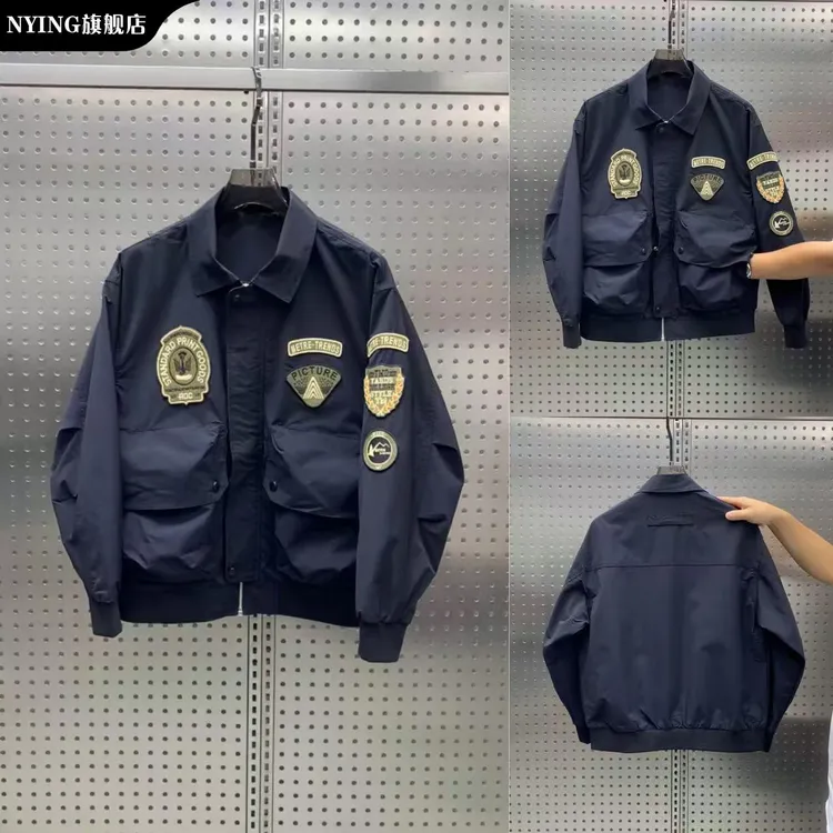 NYING秋季休闲翻领刺绣夹克男士潮牌美式车标贴棒球外套青年百搭