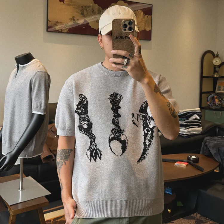  老颜原创重工提花图案亲肤针织短袖t恤新款夏季圆领宽松上衣潮