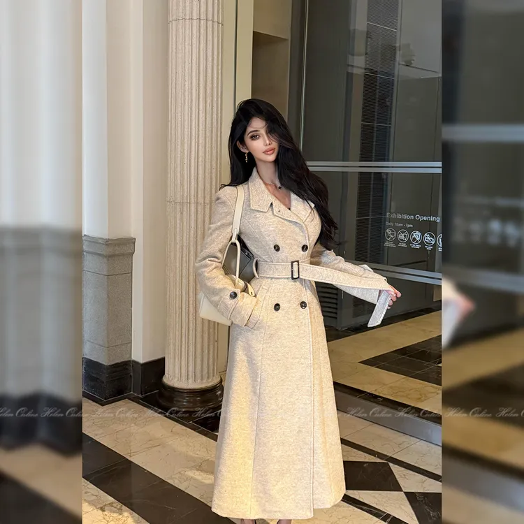 HELEN/热感羊绒中长款夹棉外套女排扣显瘦收腰立领毛呢大衣WT135