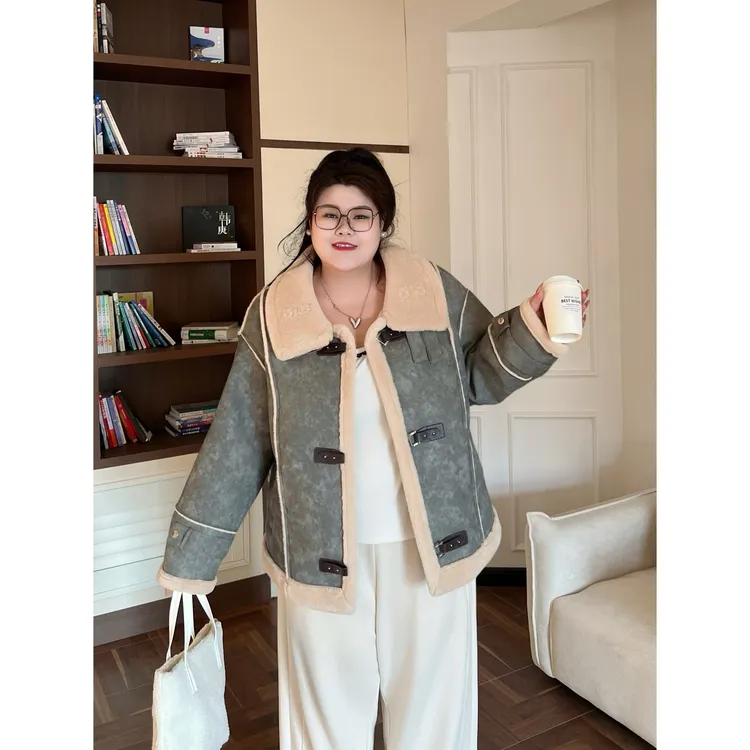 花契“椰香曲奇”大码女装冬季百搭200斤胖mm时尚毛茸茸外套8937-X