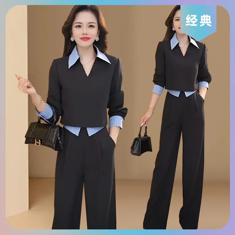 2025年春秋复古拼接衬衫领卫衣套装女休闲简约高级感直筒裤两件套
