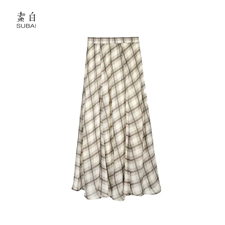 素白显瘦复古【漫舞】Q01414港风高腰斜格遮胯显瘦大摆长裙半身裙