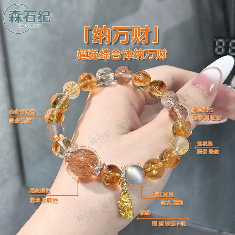 【十二专属】「纳万财」黑金超七黄塔晶灰月光天然水晶手串链貔貅多样性
