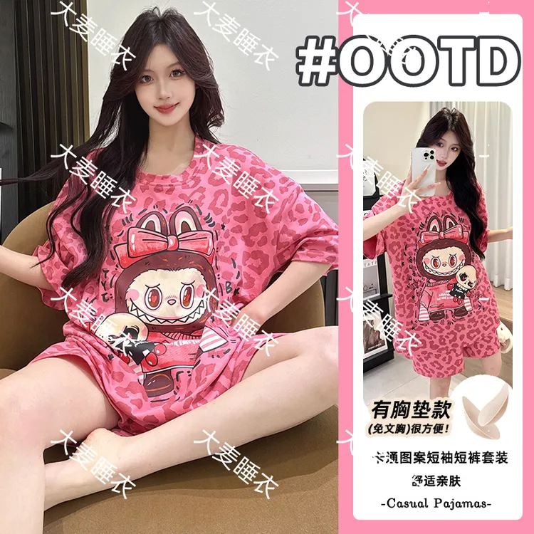 【100%棉短袖短裤带胸垫】2025新款夏季睡衣女卡通网红家居服套装