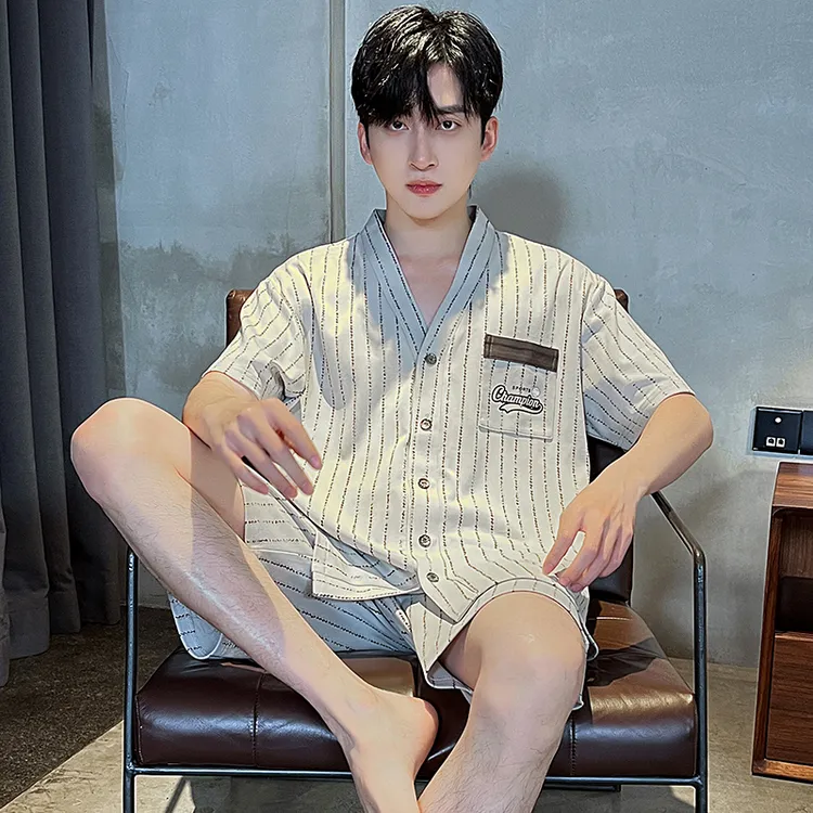 夏季短袖男士睡衣宽松薄款加肥加大码和服开衫青少年家居服套装夏