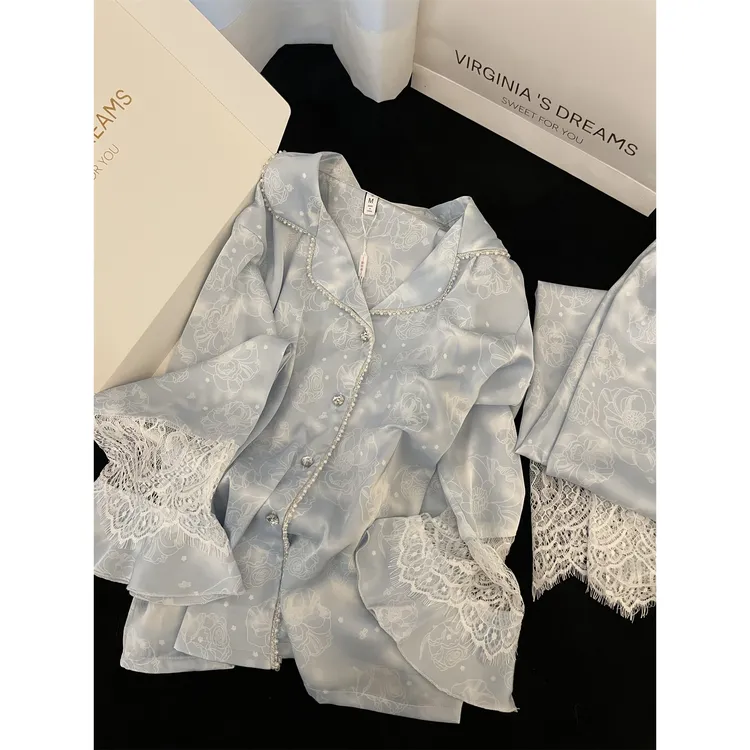 轻奢高级感大码睡衣女士夏季2025新款冰丝绸开衫蕾丝长裤家居套装