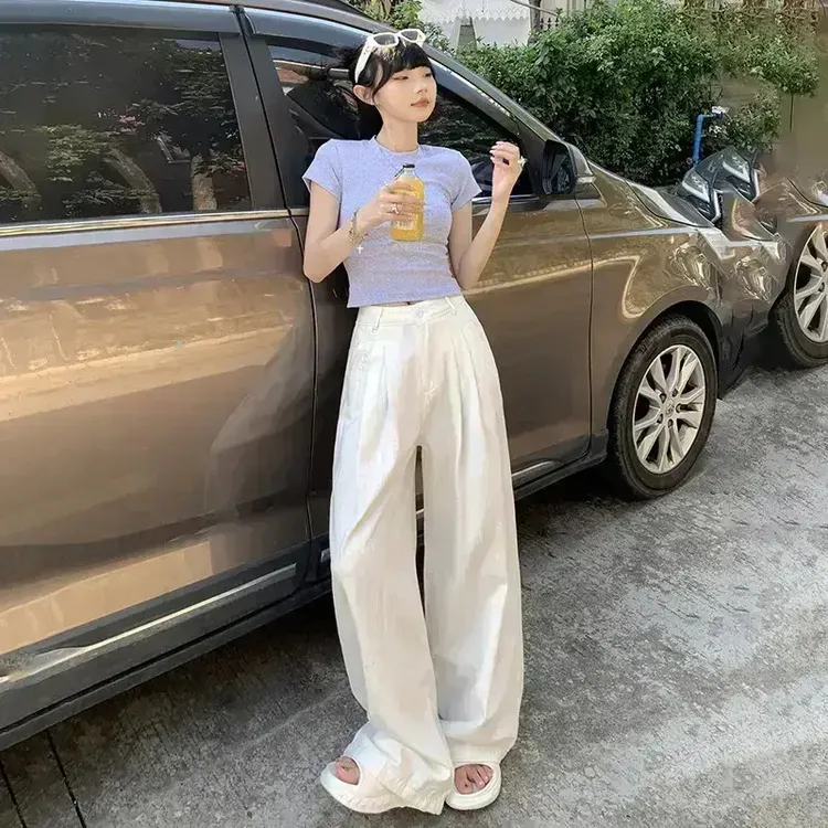 【送腰带+运费险】白色阔腿牛仔裤女2025秋季新款高腰显瘦褶皱宽松