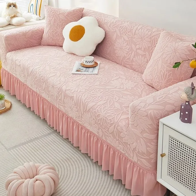 V/雅鹿山茶花裙边防猫抓沙发套万能套四季通用2025款弹力沙发套罩