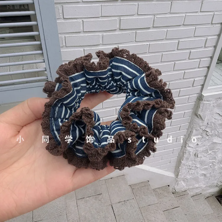 韩国原创发饰2025新款纯棉藏青条纹咖啡色蕾丝花边小蛮腰发圈发绳