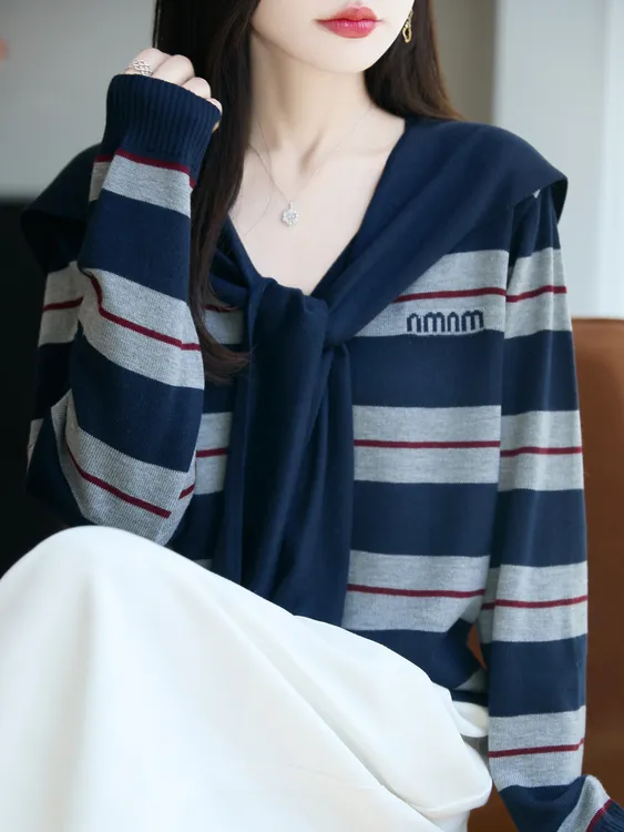 法式撞色条纹假两件披肩针织开衫女短外套毛衣2025宽松设计感上衣
