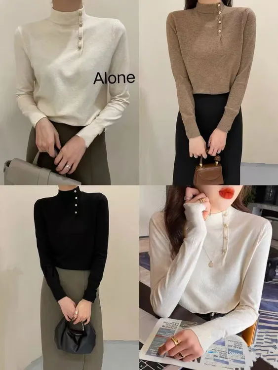 纯色半高侧钉扣针织秋冬时尚气质高级感修身【加绒保暖】女长袖上衣