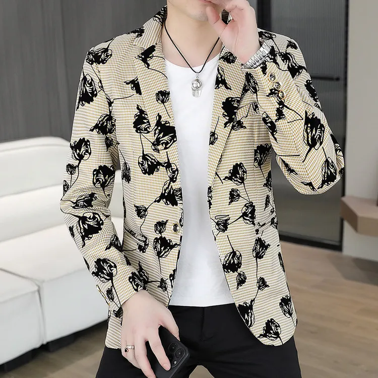 秋季西装外套男2025新款韩版修身潮流休闲印花春秋小西服男士上衣