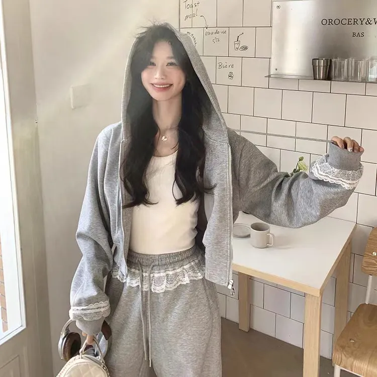 227-1蕾丝花边连帽卫衣外套阔腿裤两件套女欧货新款休闲洋气套装