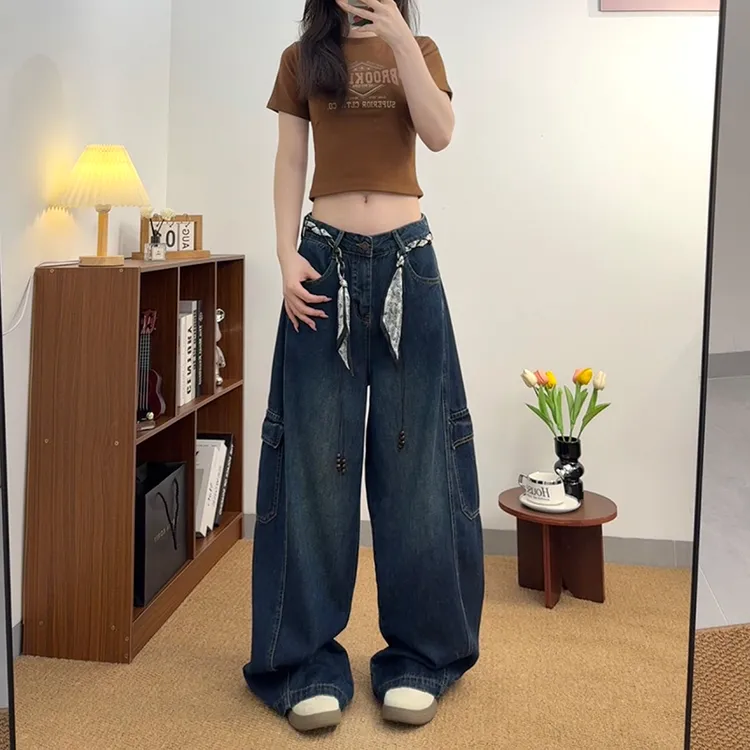 2025早秋新款欧货松弛感编制丝巾腰带立体口袋工装牛仔阔腿裤女